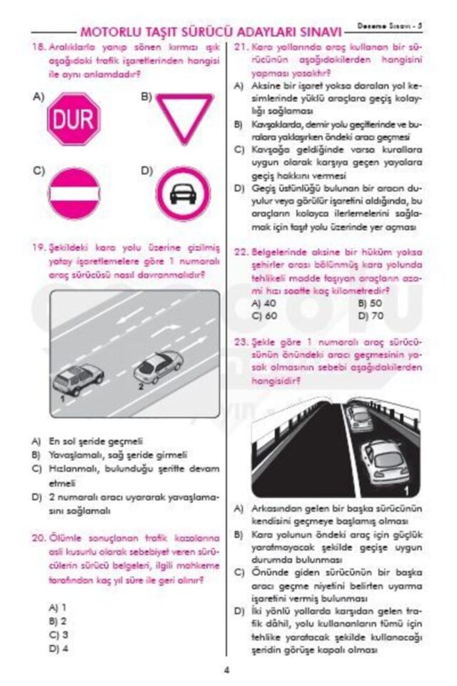Sürücü Eğitim Deneme Sınavı -- Sürücü Kursu Kitabı 5'li Deneme Sınavı