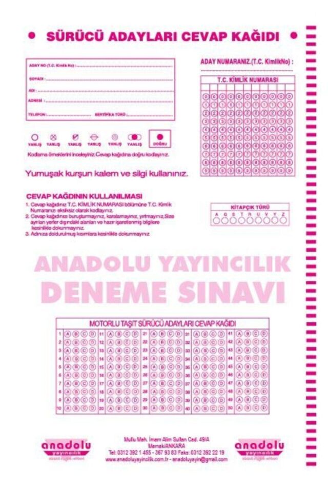 Sürücü Eğitim Deneme Sınavı -- Sürücü Kursu Kitabı 5'li Deneme Sınavı